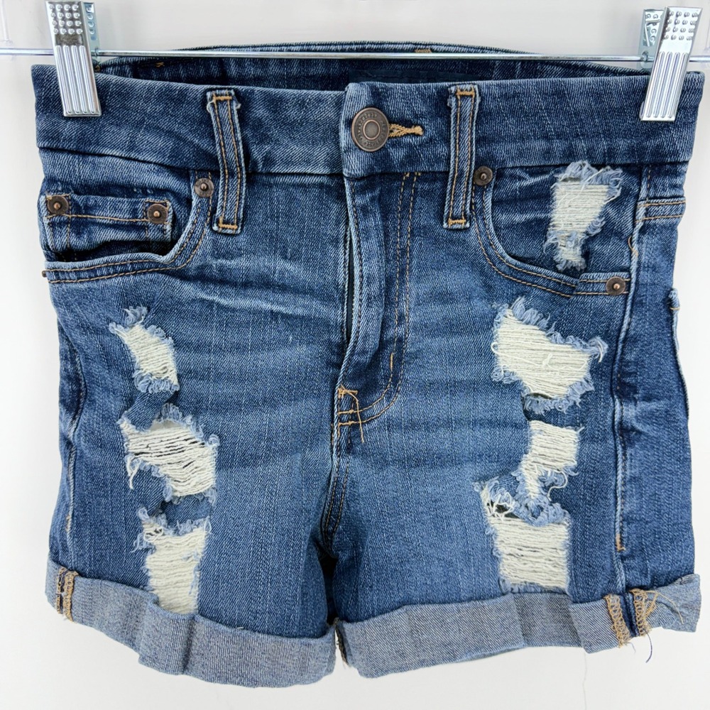 Aeropostale High Rise Curvy Midi Denim Shorts Blue Distress Cuffed Women Size 0